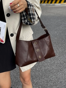 Vintage dark brown PU leather underarm bag with gold rivet strap details for women