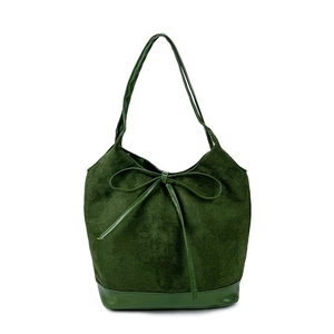 Minimalist dark green suede tote bag with leather bow detail and large capacity