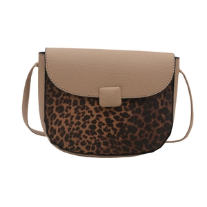 Retro saddle crossbody bag featuring khaki leather and brown leopard print contrast design
