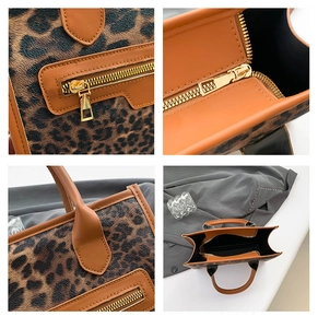 Detailed views of leopard print tote bag with brown leather trim and golden zipper