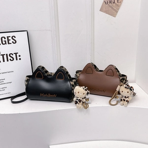 Sac à main rétro oreilles de chat avec détails léopard et pendentif peluche en noir