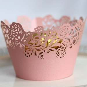 Laser-cut pink rose flower cupcake wrapper with elegant hollow lace floral patterns