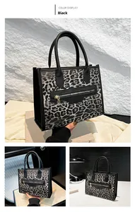 Detail view of leopard print tote bag featuring a front zipper pocket and round handles