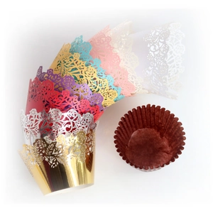 Laser-cut floral cupcake wrappers set in 8 vibrant colors for wedding decorations