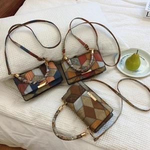 Retro patchwork crossbody bag for women with litchi texture and metal chain handle