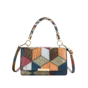 Retro multi-color patchwork leather crossbody handbag with crocodile texture and woven handle