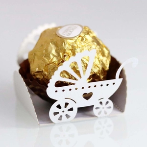 Laser Cut Baby Carriage Chocolate Paper Tray Pearlescent Cardboard Hollow Heart Candy Wrapper For Baby Shower Wedding Party