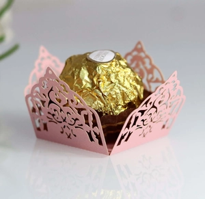 Pink laser cut hollow cupcake wrapper with floral pattern for wedding favors