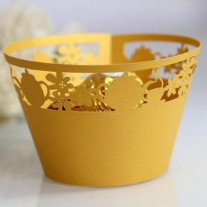 Elegant Teapot Floral Laser Cut Cupcake Wrappers Lace Hollow Pearlescent Paper Cake Border For Wedding Birthday Tea Party