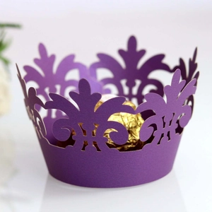 Purple laser cut crown cupcake wrapper with hollow pattern for elegant dessert table decor
