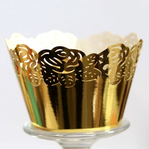 Golden laser cut rose hollow cupcake liners with mirror effect finish for weddings
