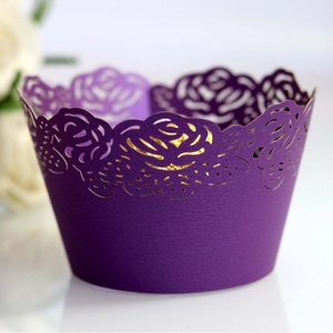 Elegant purple laser-cut cupcake wrappers with rose hollow design for party decoration