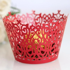 Exquisite red laser-cut lace cupcake wrapper with intricate floral hollow design