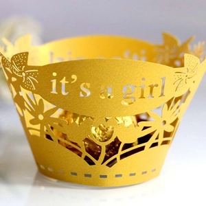 Laser Cut Cupcake Wrappers Pearlescent Paper Hollow It's A Girl Cake Border For Baby Shower Gender Reveal Party Decorations