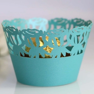 Teal laser-cut rose cupcake wrappers made of pearl art paper for wedding cake decoration