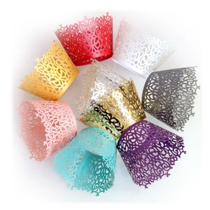 Laser cut vine pattern cupcake wrappers in multiple pearl paper colors for party decor