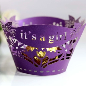 Laser-cut purple 'it's a girl' cupcake wrapper for baby shower parties and celebrations