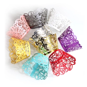 Laser cut floral cake wrappers in multiple colors with elegant pearlescent finish