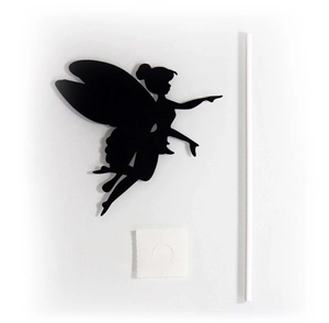 Detailed components of a black fairy cake topper including silhouette, rod, and adhesive dot