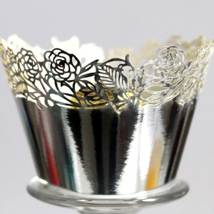 Silver laser cut rose lace cupcake liners with hollow flower pattern for wedding decor
