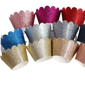 Glitter cupcake wrappers in multi-color set with scalloped edges for dessert decoration