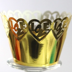 Golden mirror laser cut cupcake wrapper with LOVE design for wedding decoration