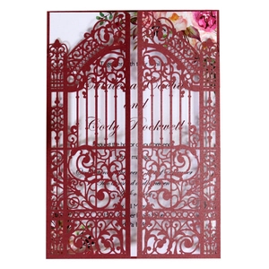 Burgundy laser-cut gatefold wedding invitation with elegant floral white inner card