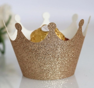 Golden glitter crown cupcake wrapper laser-cut party decoration for festive birthdays