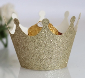 Golden glitter crown cupcake wrapper with laser cut design for luxury party decoration