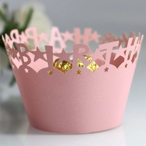 Laser Cut Happy Birthday Cupcake Wrapper Pearlescent Paper Lace Hollow Cake Liners For Birthday Party Wedding Event Decor