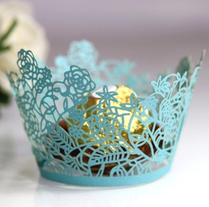 Sky blue laser-cut cupcake wrappers with rose petal hollow design for wedding decor