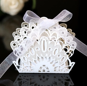 Elegant laser-cut peacock pattern favor box with white ribbon for wedding candy or gifts
