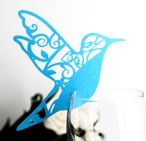Blue laser-cut hummingbird paper place card for wine glass wedding table decoration