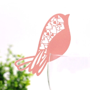 Pink bird laser-cut place cards with heart pattern for wedding wine glass decoration