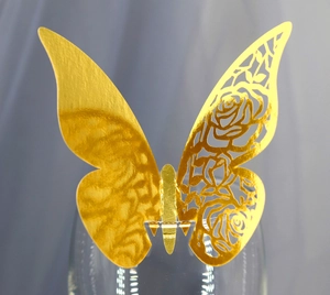 Golden 3D laser-cut butterfly cup card with rose pattern for wedding table decor