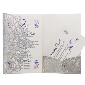 Elegant silver glitter laser cut wedding invitation set with white insert and purple text