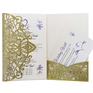 Laser cut gold glitter wedding invitation set with floral hollow pattern and inner pages