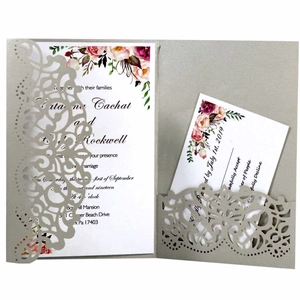 Laser cut hollow wedding invitation set with champagne shell and pink floral insert card