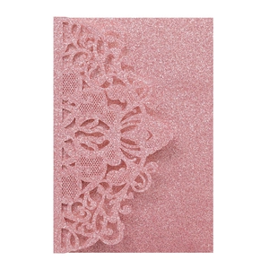 Elegant pink glitter laser cut lace invitation card with intricate floral patterns