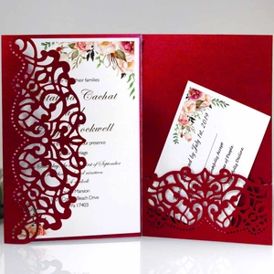 Elegant burgundy laser cut wedding invitation set with floral lace design and RSVP card