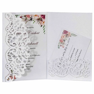 Laser cut hollow wedding invitation set with floral inner card and RSVP card in pink tones