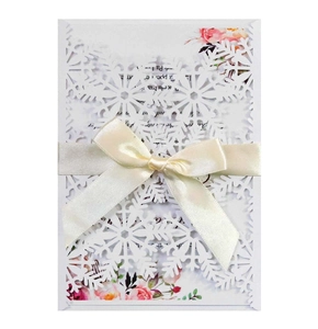 Cartes d'Invitation Élégantes en Forme de Flocon de Neige Découpées au Laser Avec Nœud en Satin Papier Perlé pour Mariage Hiver Noël Fête