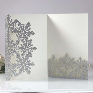 Silver laser cut snowflake invitation card with glitter finish for holiday parties