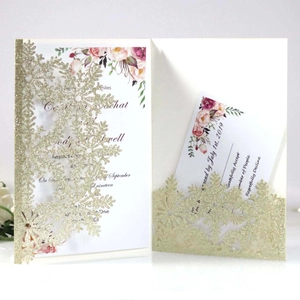 Golden glitter laser cut snowflake wedding invitation set with floral inner card