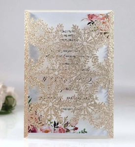 Champagne gold glitter laser-cut snowflake invitation with elegant floral inner card