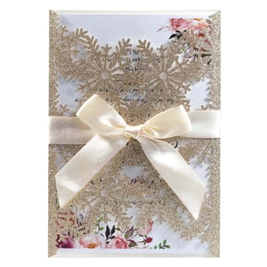 Laser Cut Snowflake Glitter Artificial Pearl Paper Invitation Card Elegant Ribbon Bow Floral Inner For Wedding Party Greeting Cards