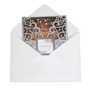Laser cut glitter wedding invitation set with silver hollow cover and white envelope