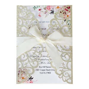 Elegant Laser Cut Wedding Invitation Cards With Glitter Hollow Shell Ribbon Bow Floral Inner Sheet Envelopes For Party