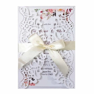 Elegant Laser Cut Pearlescent Paper Wedding Invitation Cards With Ribbon Bow And Floral Inner Sheets For Banquet Party