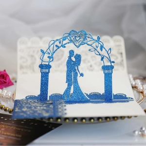 Blue glitter 3D pop-up wedding invitation card with laser cut couple design